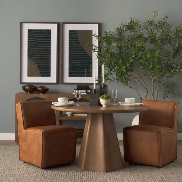 Mercana Damon Upholstered Dining Chair with Casters - Elegant Cream Fabric, Supportive Backrest & Mobility Brown Faux Leather 69614