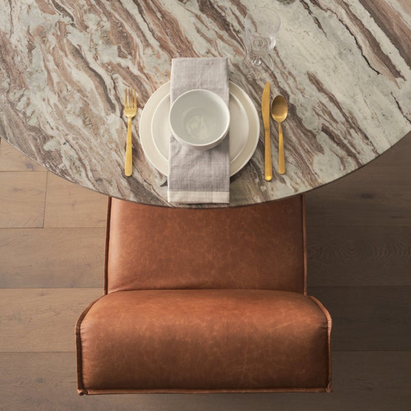 Mercana Damon Upholstered Dining Chair with Casters - Elegant Cream Fabric, Supportive Backrest & Mobility Brown Faux Leather 69614