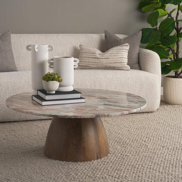 Mercana Allyson Round Pedestal Coffee Table with Unique Marble Top - Elegant Modern Design for Living Spaces 71102-AB