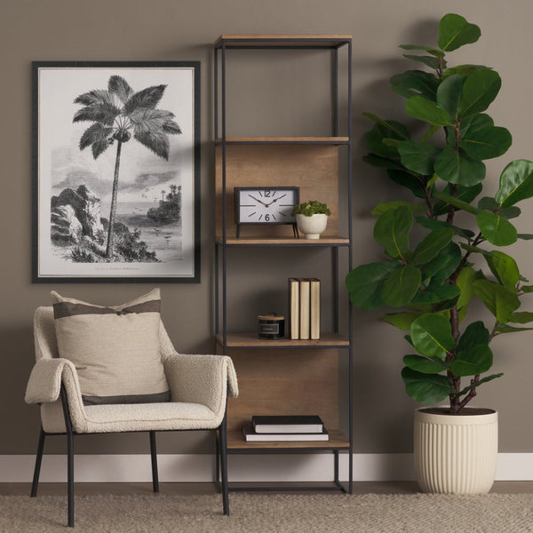 Mercana Morris 4-Shelf Vertical Shelving Unit with Solid Wood and Sleek Metal Frame for Stylish Storage Solutions Brown Wood | Black Metal 69717