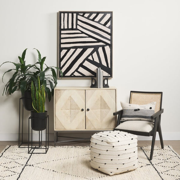 Mercana Hogarth 36-Inch Two-Door Accent Cabinet with Geometric Design for Modern Rustic Living Spaces Blonde Wood | Silver Metal 69752