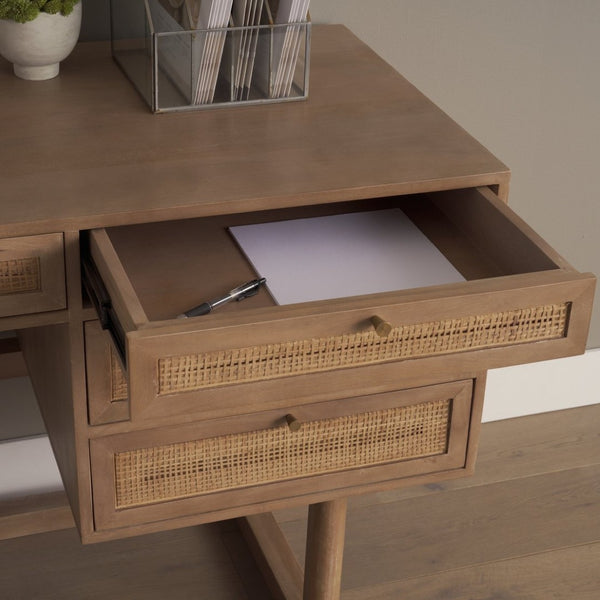 Mercana Grier 60" Solid Mango Wood Office Desk with Elegant Cane Drawer Fronts for Stylish Workspaces Light Brown Wood | Cane Accent 69899