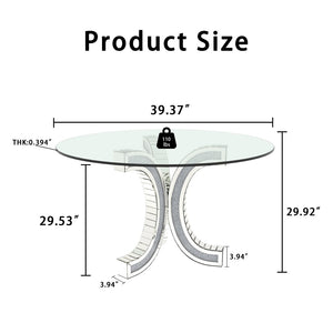 English Elm Dining Table Round Tempered Glass Top Mirrored Crushed Diamond Pedestal Glam Luxury W3836S00002