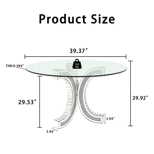 English Elm Dining Table Round Tempered Glass Top Mirrored Crushed Diamond Pedestal Glam Luxury W3836S00002