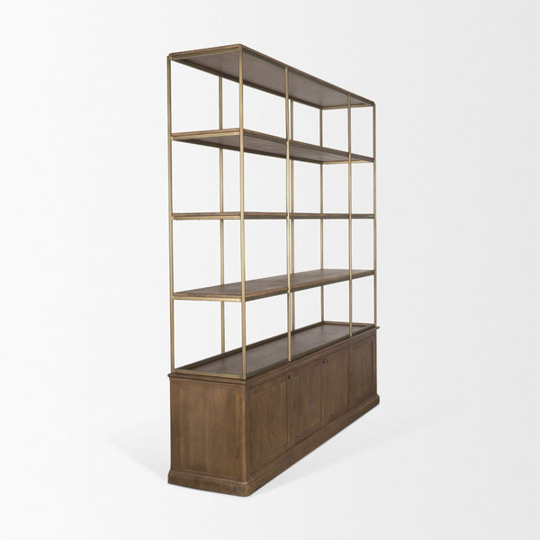 Mercana Baron 4-Door Open Shelving Unit in Solid Mango Wood with Industrial Flair for Modern Spaces Dark Brown | Antiqued Brass | 4 Doors 71114-AB