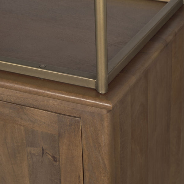 Mercana Baron 4-Door Open Shelving Unit in Solid Mango Wood with Industrial Flair for Modern Spaces Dark Brown | Antiqued Brass | 4 Doors 71114-AB