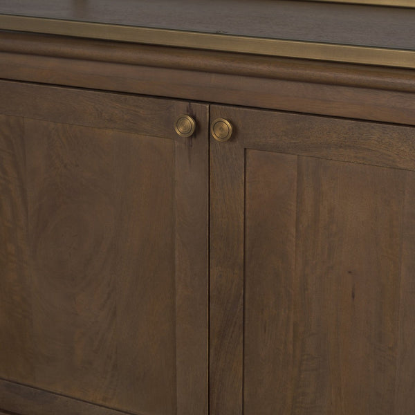 Mercana Baron 4-Door Open Shelving Unit in Solid Mango Wood with Industrial Flair for Modern Spaces Dark Brown | Antiqued Brass | 4 Doors 71114-AB