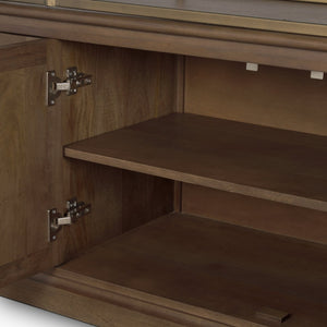 Mercana Baron 4-Door Open Shelving Unit in Solid Mango Wood with Industrial Flair for Modern Spaces Dark Brown | Antiqued Brass | 4 Doors 71114-AB