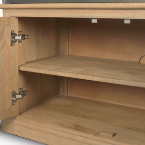 Mercana Baron Industrial Elegance 4-Door Mango Wood Shelving Unit with Gunmetal Accents for Stylish Storage Light Brown | Dark Aged Brass | 2 Doors 71119-AB