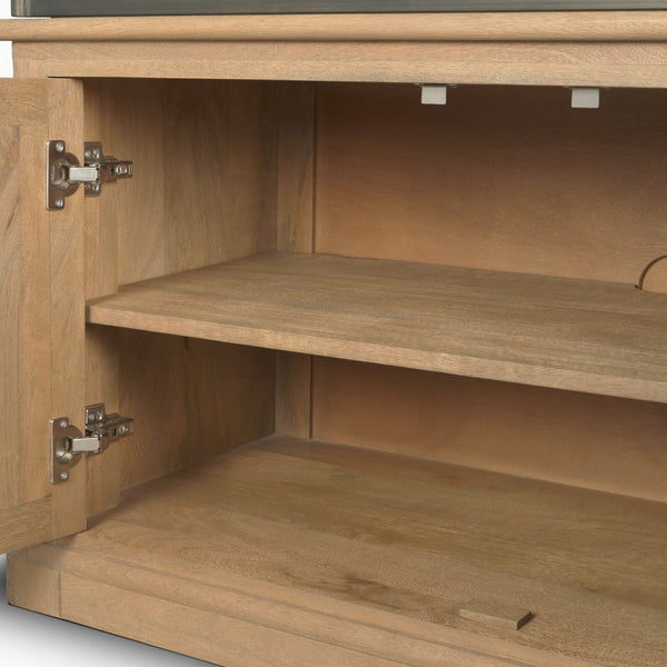 Mercana Baron Industrial Elegance 4-Door Mango Wood Shelving Unit with Gunmetal Accents for Stylish Storage Light Brown | Dark Aged Brass | 2 Doors 71119-AB