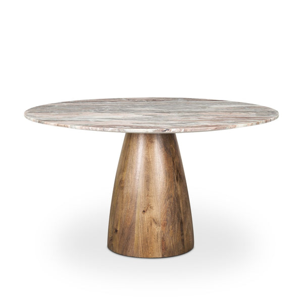 Mercana Allyson Round Pedestal Dining Table with Unique Pink Marble Top and Mango Wood Base for Elegance 71103-AB