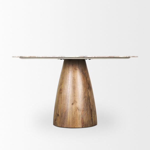 Mercana Allyson Round Pedestal Dining Table with Unique Pink Marble Top and Mango Wood Base for Elegance 71103-AB