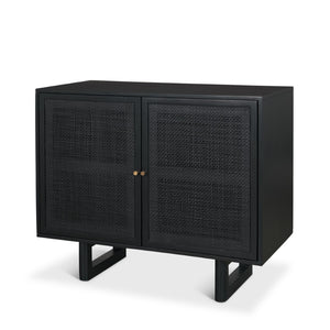 Mercana Grier 36" Solid Mango Wood Accent Cabinet with Woven Cane Doors for Stylish Storage Solutions Black Wood | Black Cane | Brass 71141