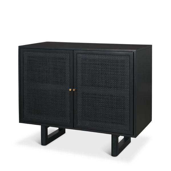 Mercana Grier 36" Solid Mango Wood Accent Cabinet with Woven Cane Doors for Stylish Storage Solutions Black Wood | Black Cane | Brass 71141