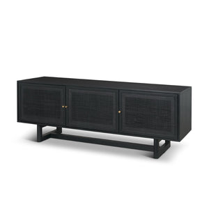 Mercana Grier 65" Rustic Mango Wood Media Console with Woven Cane Doors for Stylish Living Room Storage Black Wood | Black Cane | Brass 71143