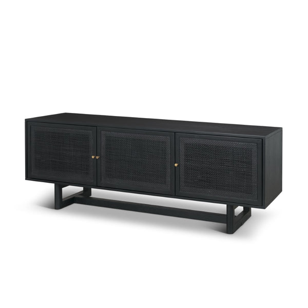 Mercana Grier 65" Rustic Mango Wood Media Console with Woven Cane Doors for Stylish Living Room Storage Black Wood | Black Cane | Brass 71143