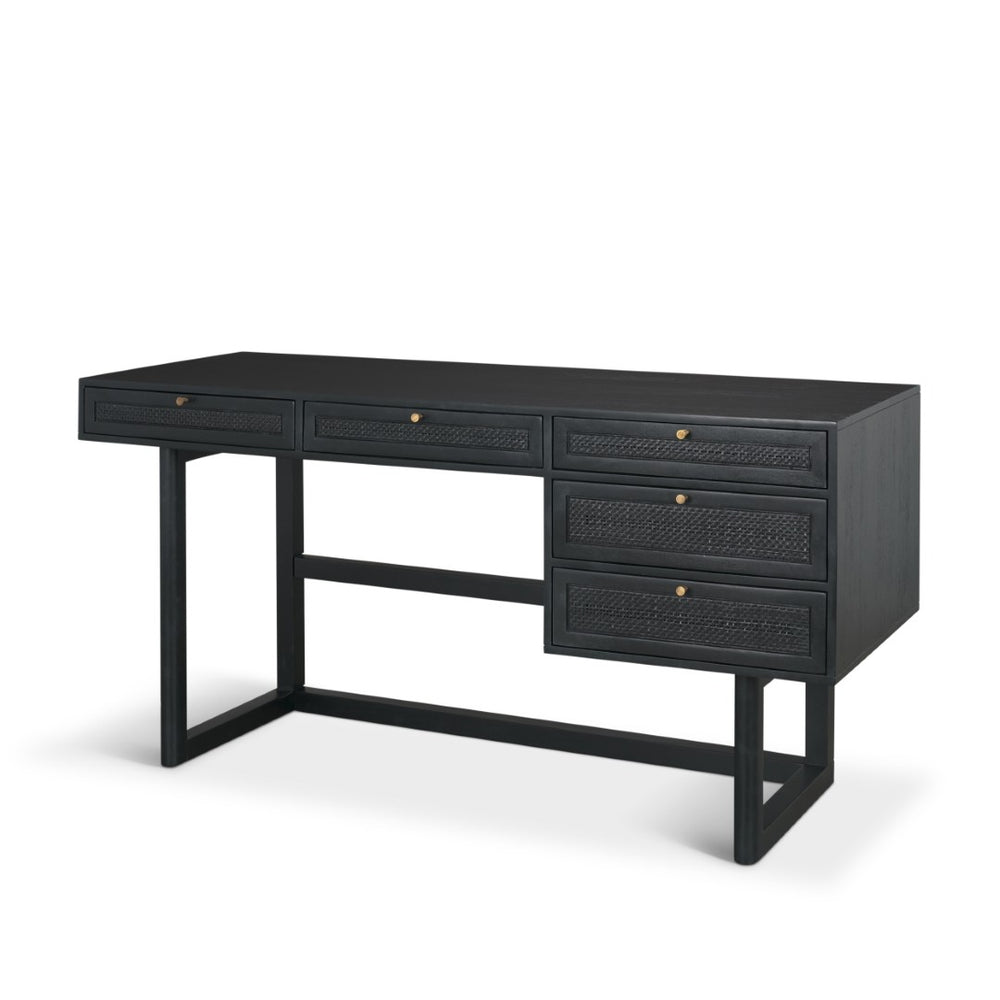 Mercana Grier 60" Solid Mango Wood Office Desk with Elegant Cane Drawer Fronts for Stylish Workspaces Black Wood | Black Cane | Brass 71145