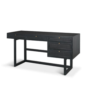 Mercana Grier 60" Solid Mango Wood Office Desk with Elegant Cane Drawer Fronts for Stylish Workspaces Black Wood | Black Cane | Brass 71145
