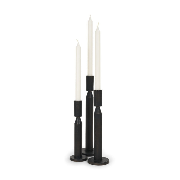 Mercana Declan Sculptural Brass Taper Candle Holders - Elegant Texture and Warm Glow for Any Decor Style Matte Black | Set of 3 71174