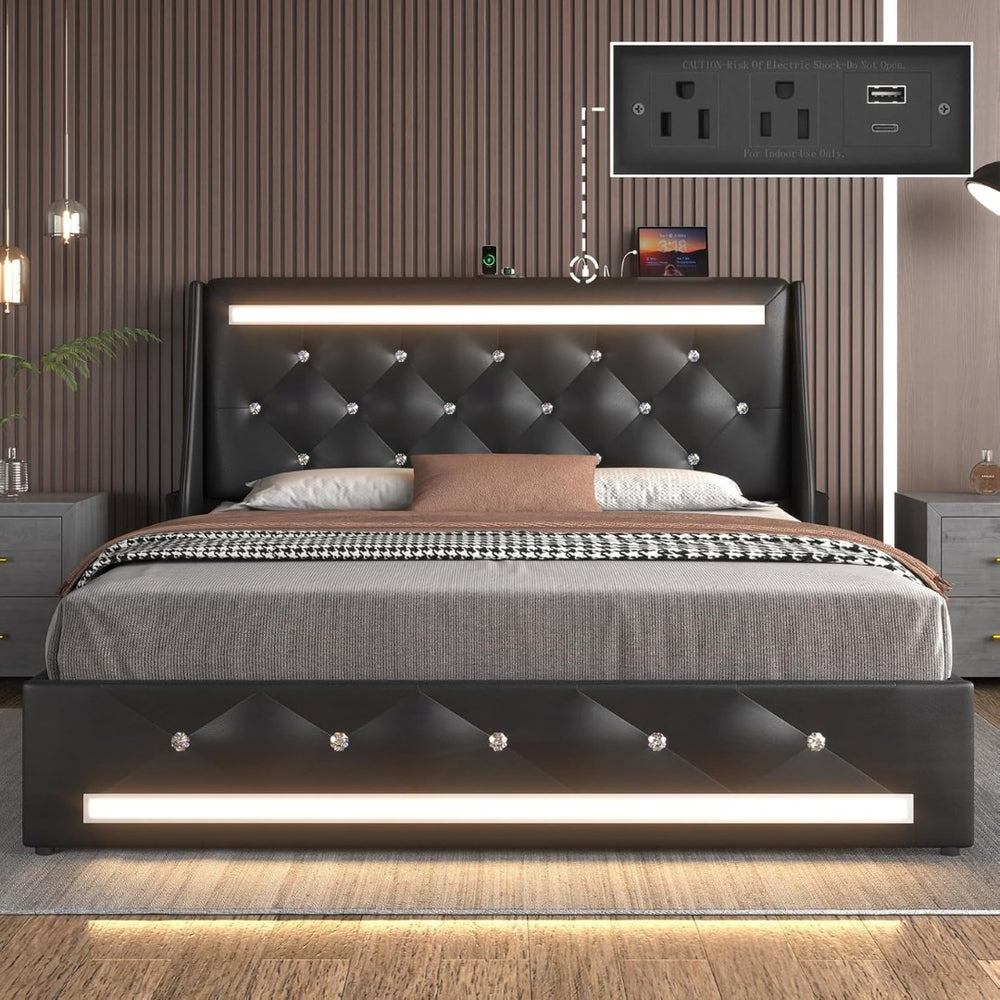 English Elm Queen Platform Bed Wingback Diamond Quilted Headboard Led Lighting Storage Drawers Black W5722P462392