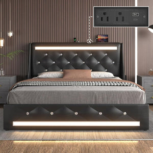 English Elm Queen Platform Bed Wingback Diamond Quilted Headboard Led Lighting Storage Drawers Black W5722P462392
