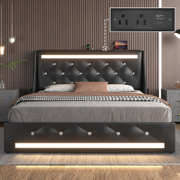 English Elm Queen Platform Bed Wingback Diamond Quilted Headboard Led Lighting Storage Drawers Black W5722P462392
