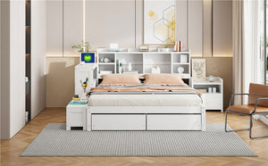 English Elm Full Size Wooden Platform Bed With Desk, Storage Drawers, Usb Ports, Nightstand & Modern Design N820S00029K