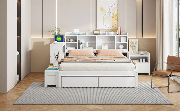English Elm Full Size Wooden Platform Bed With Desk, Storage Drawers, Usb Ports, Nightstand & Modern Design N820S00029K