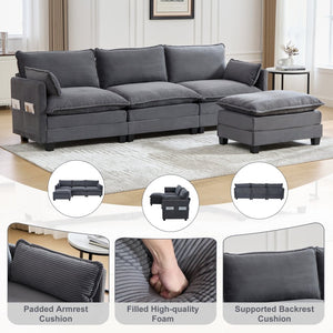English Elm United We Win Modular Corduroy Sectional with Ottoman Low Profile Living Room Couch Gray W1568S00255