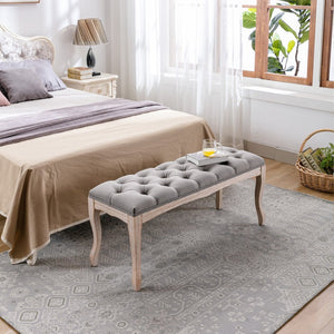English Elm Bedroom Bench Tufted Linen Seat with Carved Distressed Wood Legs French Country Style Grey W3244P493669
