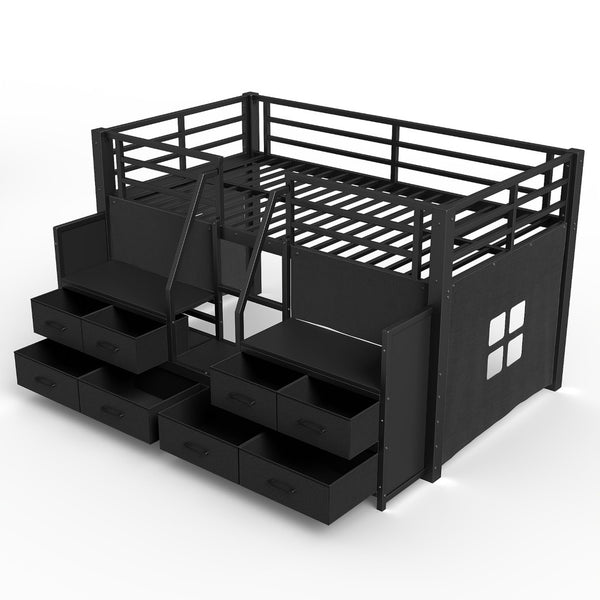English Elm Twin Low Loft Bed with Shelves Fabric Drawers and Under Bed Study Nook Metal Frame Black W5305S00043