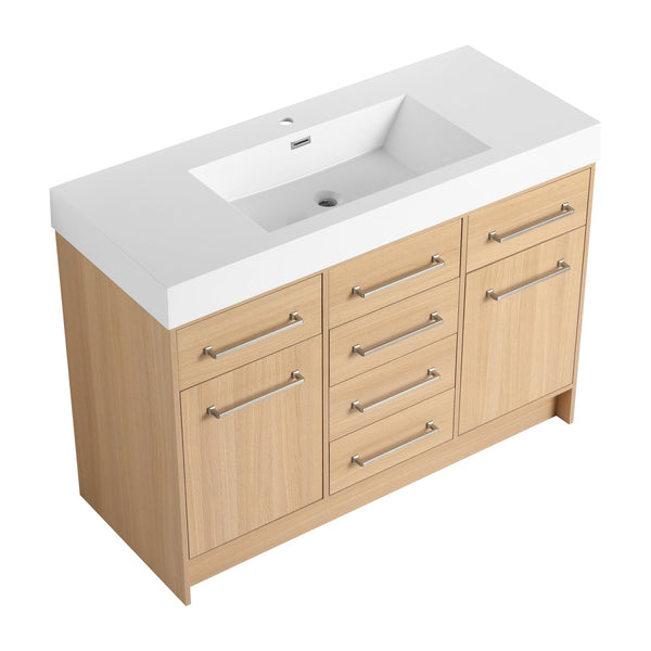 English Elm 48" Freestanding Bathroom Vanity with Resin Sink, Original Oak Finish, 2 Doors & 6 Drawers, Plywood W1972P315227