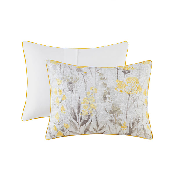 JLA Home Madison Park - 5 Seersucker Comforter Set with Floral Embroidery, Yellow Border Accent, Hypoallergenic Soft Texture 90 L x 90 W x 1.5H MP10-8359