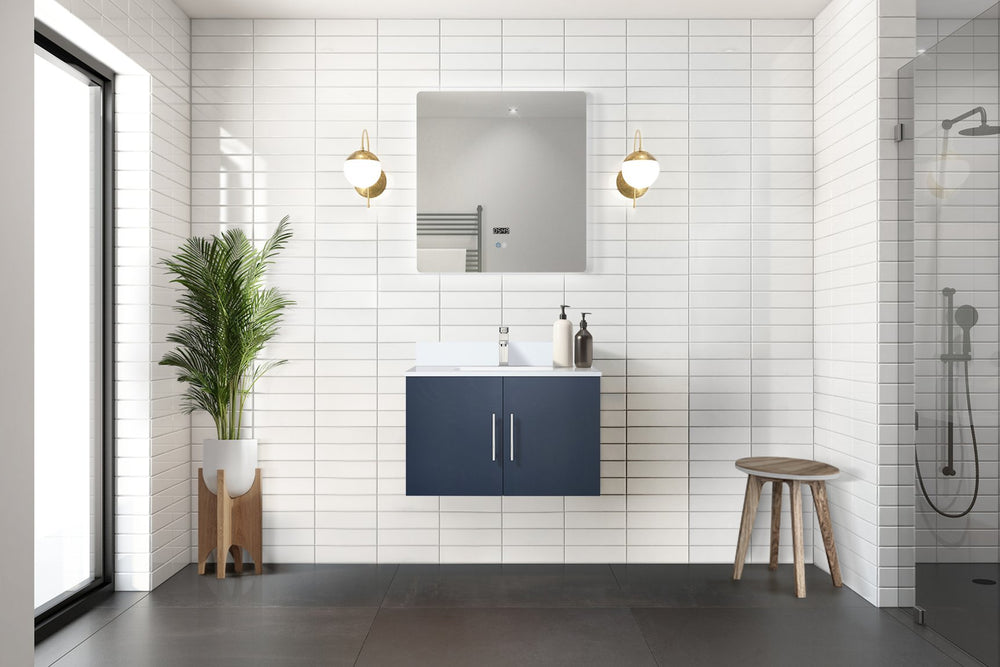 English Elm Navy Wood Bath Vanity 30" W x 22" D with White Quartz Top, Soft-Close Storage & Chrome Faucet Set B2731P258583
