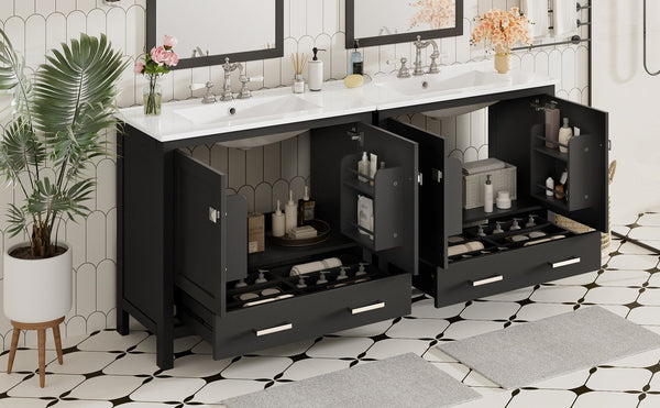 English Elm 72" Black Bathroom Vanity Set with Double Ceramic Sinks, Soft-Close Doors, Divided Drawer, Ample Storage and Solid Wood Frame for Durable Modern Style N729P000006B