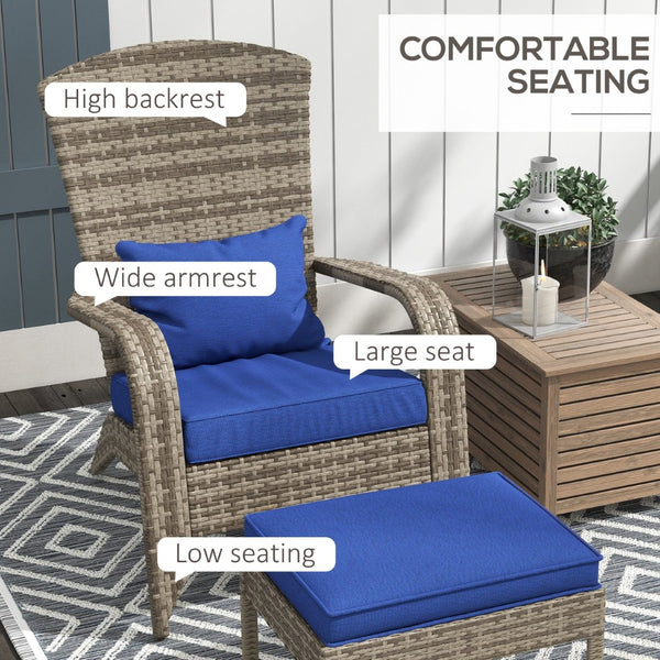 English Elm Outsunny Adirondack Chair & Ottoman Set - High-Back Wicker Outdoor Lounge With Cushions, Dark Blue W2225P174016-GIGA