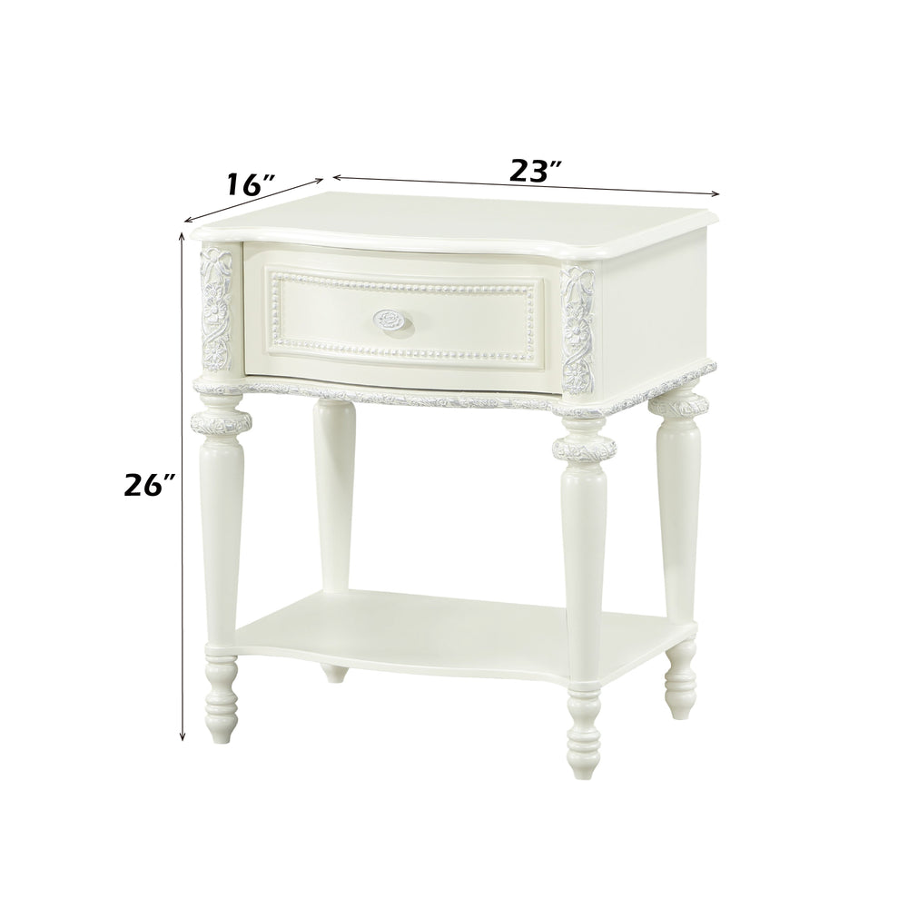 English Elm Dorothy Ivory Finish Nightstand with Tilted Beveled Oval Mirror, 1 Drawer Storage, Transitional Style B2726P361451