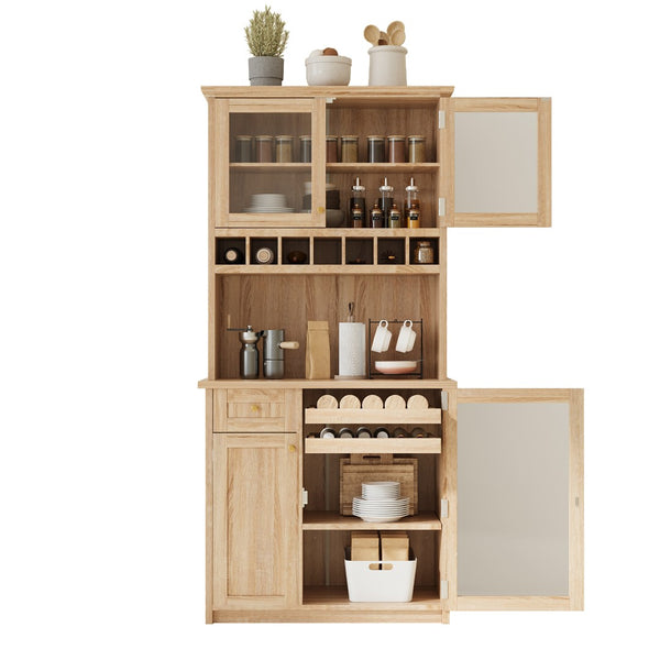English Elm Topmax Farmhouse Buffet Hutch with Wine Rack Shaker Glass Pantry Cabinet N717P327043N