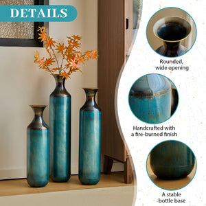 English Elm Floor Metal Vase Set - Modern 3-Piece Droplet Design For Stylish Home Decor, White & Gold Accents W2796P290478