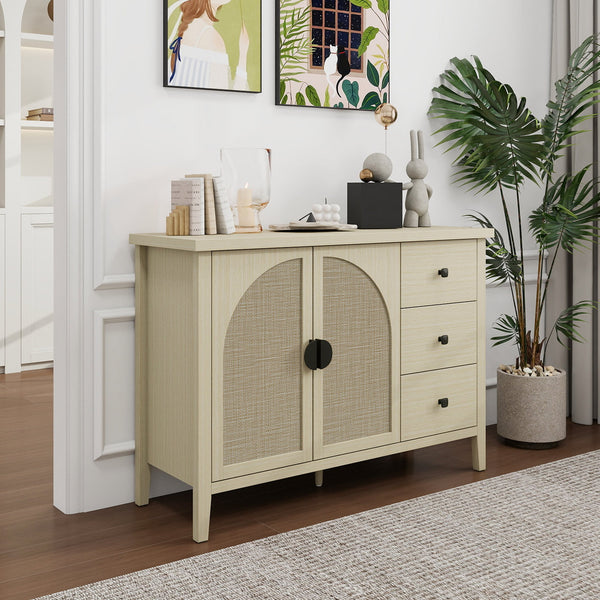 English Elm Rattan 2 Door 3 Drawer Cabinet with Adjustable Shelves, Anti-Slip Mats & Smooth Slide Rails W688P223037