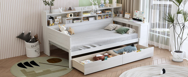 English Elm Wooden Twin Daybed with Built-In Desk, Side Shelves and Dual Drawers for Smart Space Saving Antique White 54.9 L x 18.75 W x 5.6 H N733S241484K