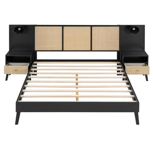 English Elm Queen Solid Wood Bed Frame With 2 Nightstands, Rattan Accents, Built-In Lamps For Cozy Bedrooms N820S00019AAB-GIGA
