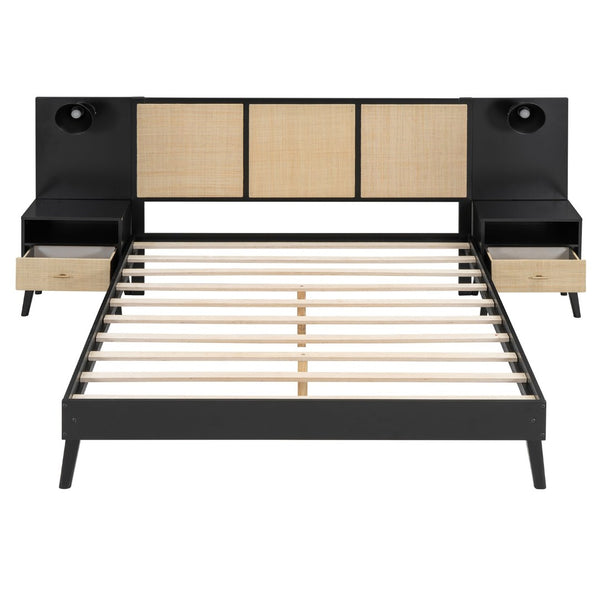 English Elm Queen Solid Wood Bed Frame With 2 Nightstands, Rattan Accents, Built-In Lamps For Cozy Bedrooms N820S00019AAB-GIGA