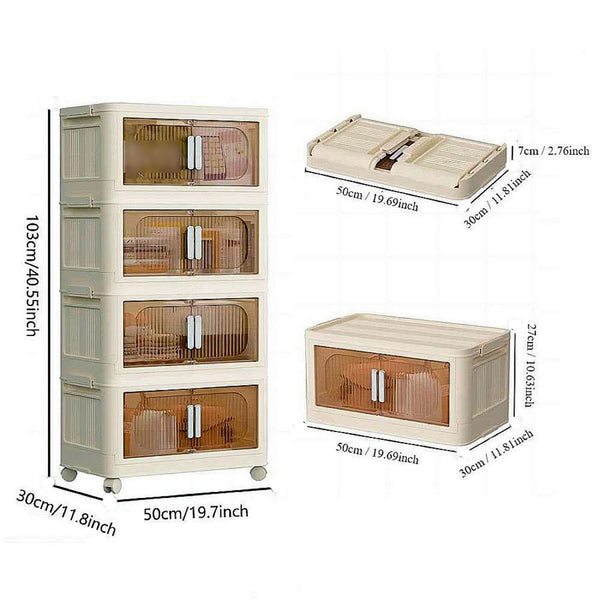 English Elm 19.69" Versatile 4-Tier Folding Storage Cabinet With Wheels, Magnetic Door & Collapsible Bins For Home W2873P207556