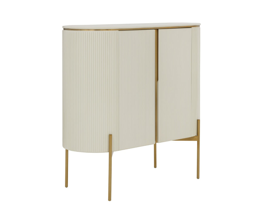 Sunpan PALOMA Bar Cabinet - Luxurious High-Gloss Cream Storage with Curved Design & Gold Accents 111219