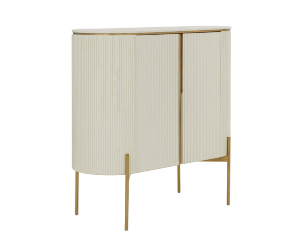Sunpan PALOMA Bar Cabinet - Luxurious High-Gloss Cream Storage with Curved Design & Gold Accents 111219