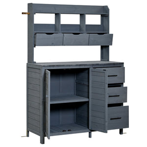 English Elm (with Hutch) Topamx Solid Fir Potting Bench Patio Workstation Spice Rack Drawer Gray N717P404331E