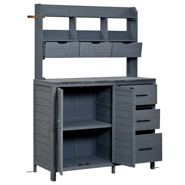 English Elm (with Hutch) Topamx Solid Fir Potting Bench Patio Workstation Spice Rack Drawer Gray N717P404331E