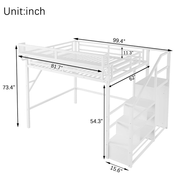 English Elm Queen Size Loft Bed With Stairs & Storage Shelves - Stylish Metal Frame For Kids & Teens, White W2580S00031-GIGA