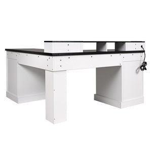 English Elm 59" Fluted Oak L-shaped Corner Desk with Charging Station Monitor Stand and File Storage White W2917S00004